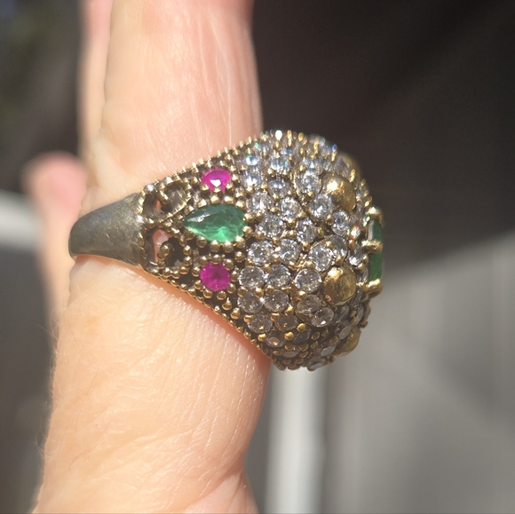 Emerald Topaz & ruby Sterling & Gold Large Ottoman ring Sz7.75 - Picture 3 of 14